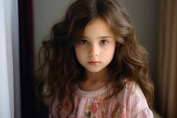 Fototapeta premium Portrait of a beautiful little girl with long curly hair looking at camera