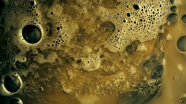 Swirling golden liquid with bubbles captured in close-up during a brewing process