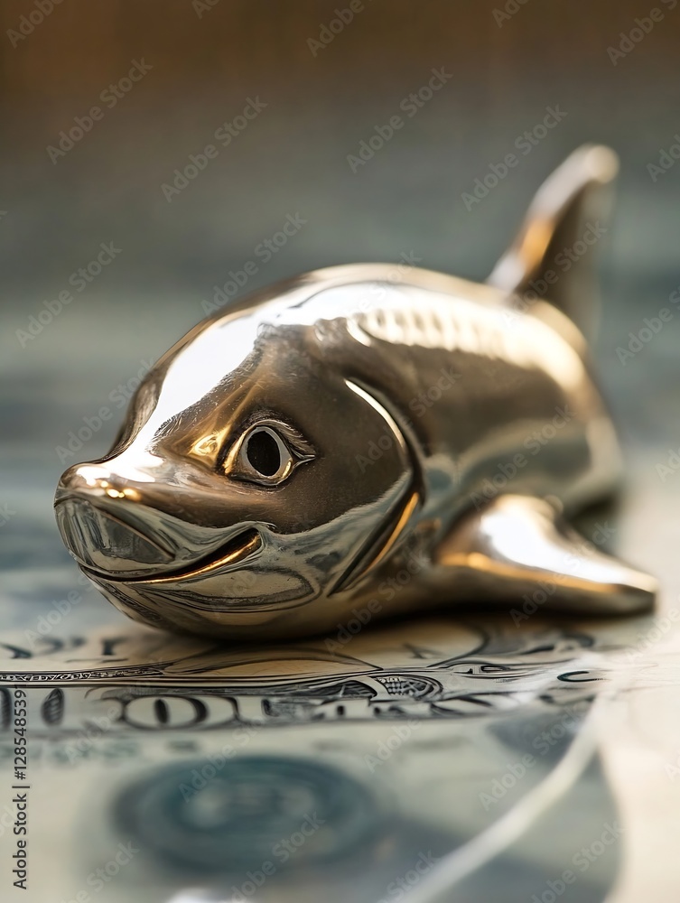 Poster shiny metallic fish sculpture placed on textured surface of dollar bills symbolizing wealth and pros