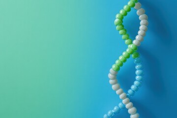 Colorful dna strand displayed against a blue and green background representing genetic science and research exploration, dna strand on blue and green background