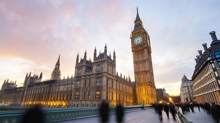 Fototapeta premium Iconic Big Ben clock tower standing tall against a vibrant sunset sky in London with city life bustling below : Generative AI