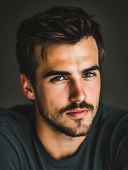 Fototapeta premium Close-up portrait of a young man with striking blue eyes and a stylish mustache : Generative AI