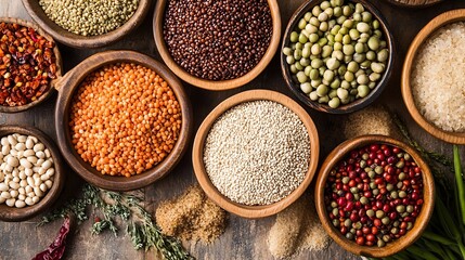 Fototapeta premium Colorful assortment of various dried beans and grains in wooden bowls on a rustic table : Generative AI