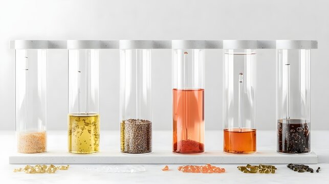 Side by side display of various refined petroleum products such as oil fuel and other substances in transparent glass containers for comparison analysis or product display