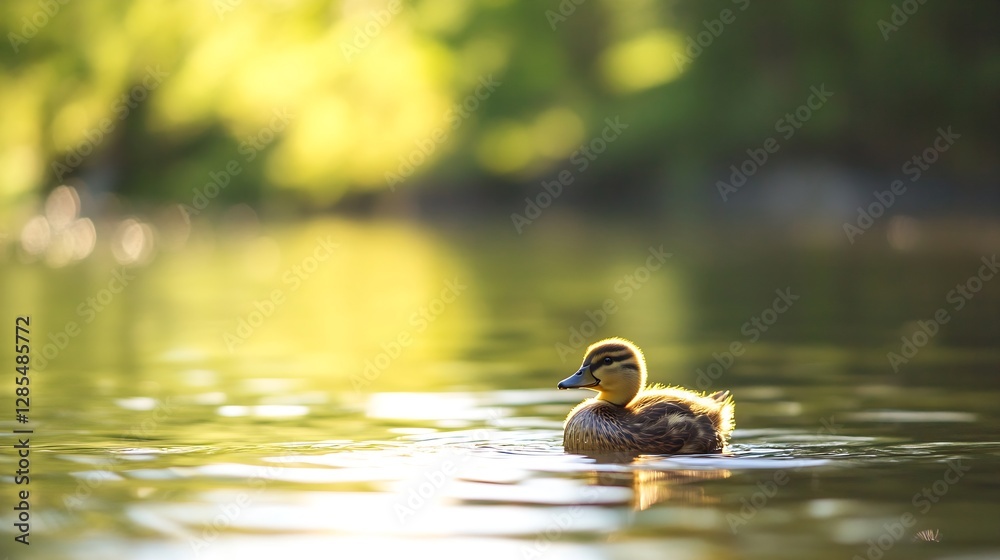 Poster Lonely Duck Swimming in a Calm Lake with Soft Light Reflections : Generative AI