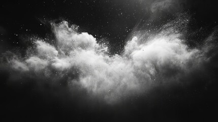 Dynamic explosion of bright white powder, particles radiating outward, dramatic contrast on black