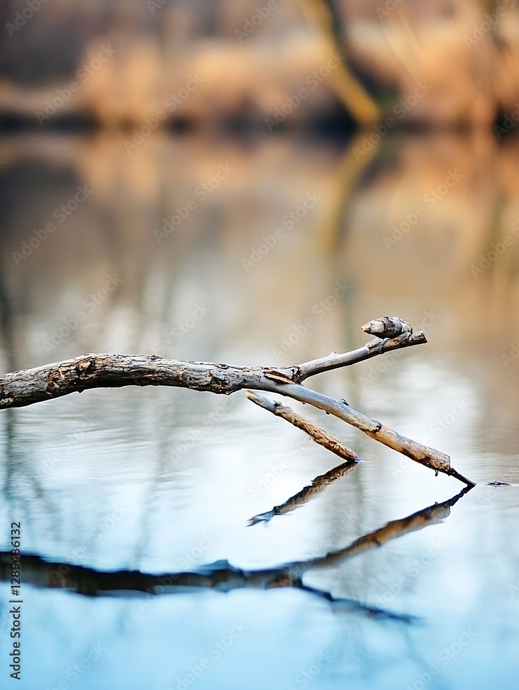 Poster serene lake landscape with a branch and a bird reflecting on calm water : generative ai