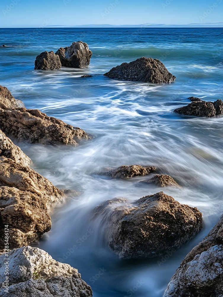 Poster dynamic ocean waves crashing against rocky coast with a clear blue sky in the background : generativ