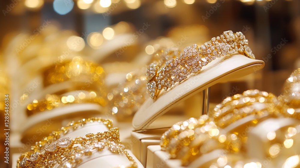 Poster exquisite golden jewelry display with sparkling diamonds and elegant designs in a luxurious setting 
