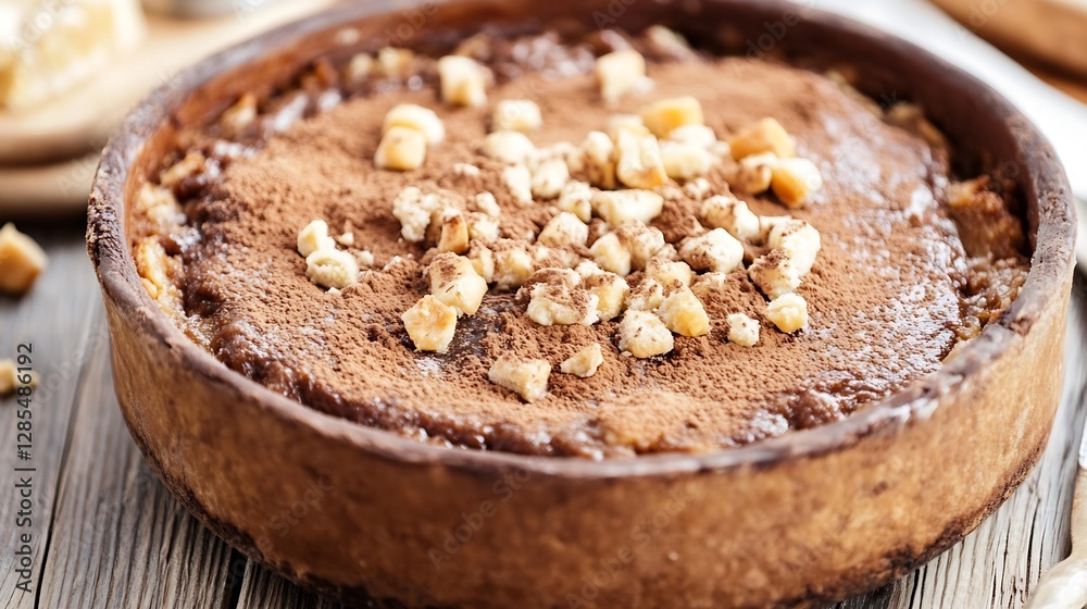 Poster delicious homemade cheesecake topped with crushed nuts and cocoa powder served on rustic wooden tabl