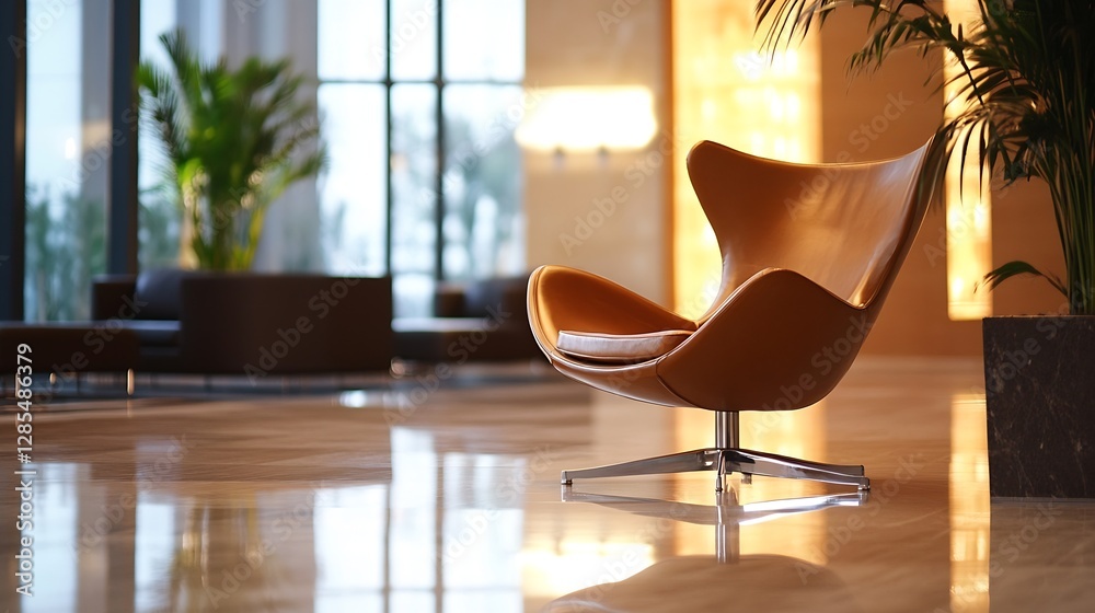 Poster Stylish modern chair placed in a bright lobby area with natural light creating an inviting ambiance for relaxation : Generative AI