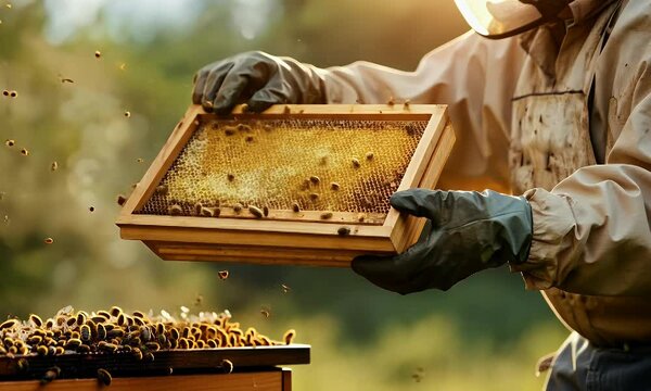 A beekeeper inspects honeycomb frames surrounded by buzzing bees in a vibrant outdoor setting.