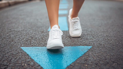 Urban scene with a person walking on asphalt in white sneakers, following a blue arrow on the ground.
