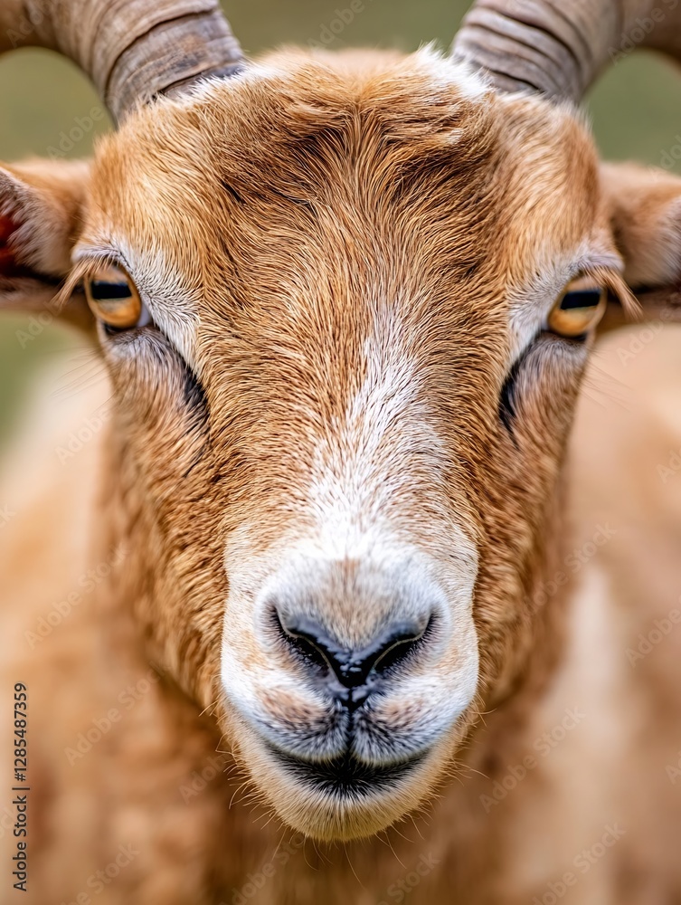 Poster close up portrait of a cute brown goat with expressive eyes showcasing its unique features : generat