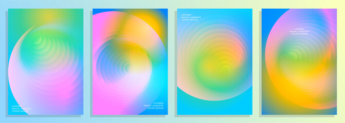 abstract colorful summer layered radial gradient cover poster background design set.