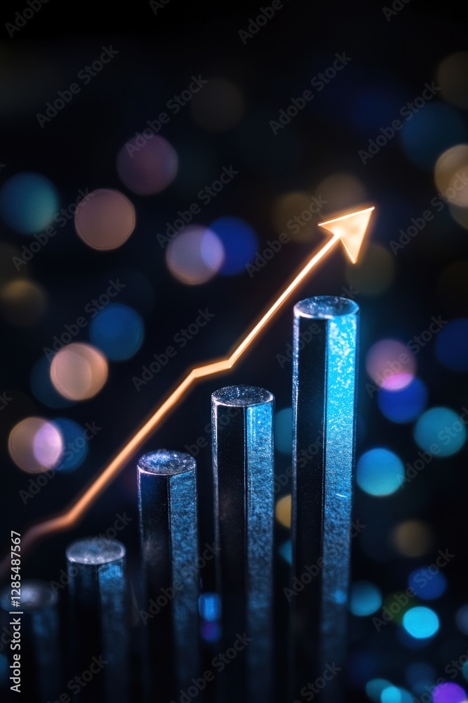 Poster rising bar graph with colorful bokeh background