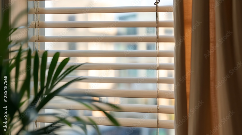 Poster close up of blinds with natural light filtering through the window in cozy room : generative ai