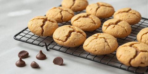 A fresh, warm batch of homemade cookies, each one golden-brown with slight cracks on the top, sitting on a cooling