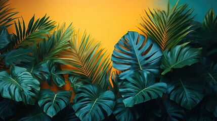 An arrangement of vibrant tropical leaves set against an abstract background of green and yellow hues