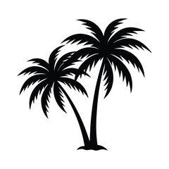 Silhouette of two tropical palm trees against a white background.
