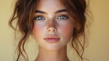 Naklejka premium An attractive Latina teenager with freckles presenting her curly hairstyle against a bright yellow background.