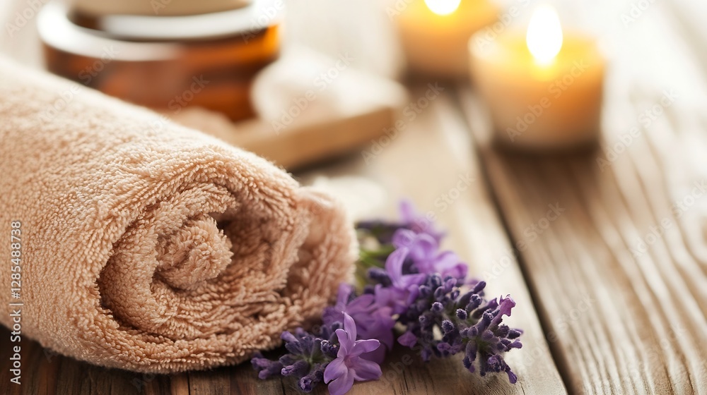 Poster spa setup with rolled towel and lavender flowers beside candles for a relaxing atmosphere : generati