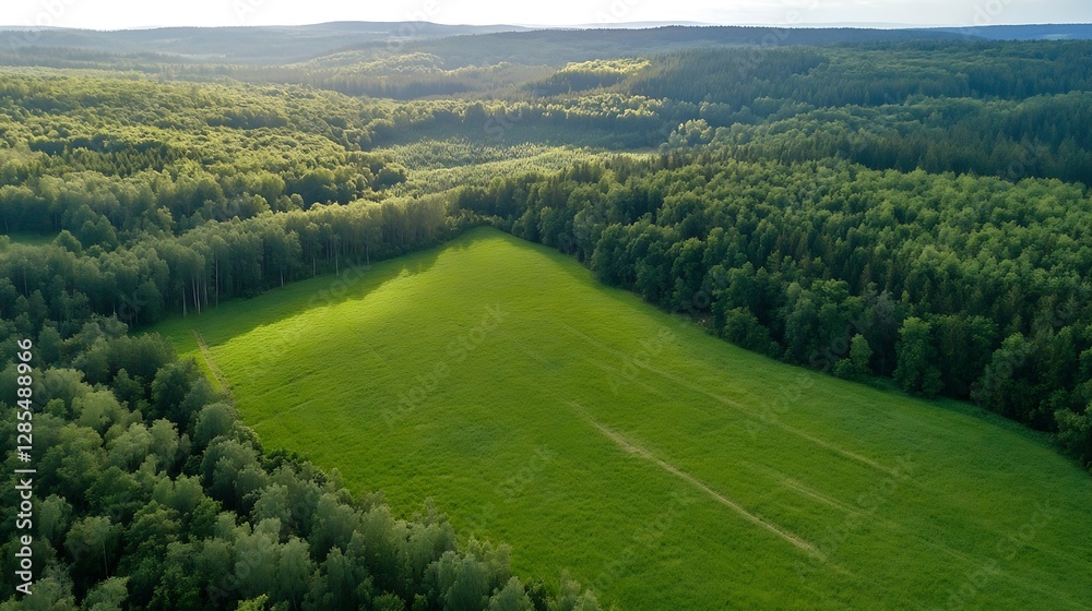 Poster Expansive Green Field Surrounded by Lush Trees and Rolling Hills : Generative AI