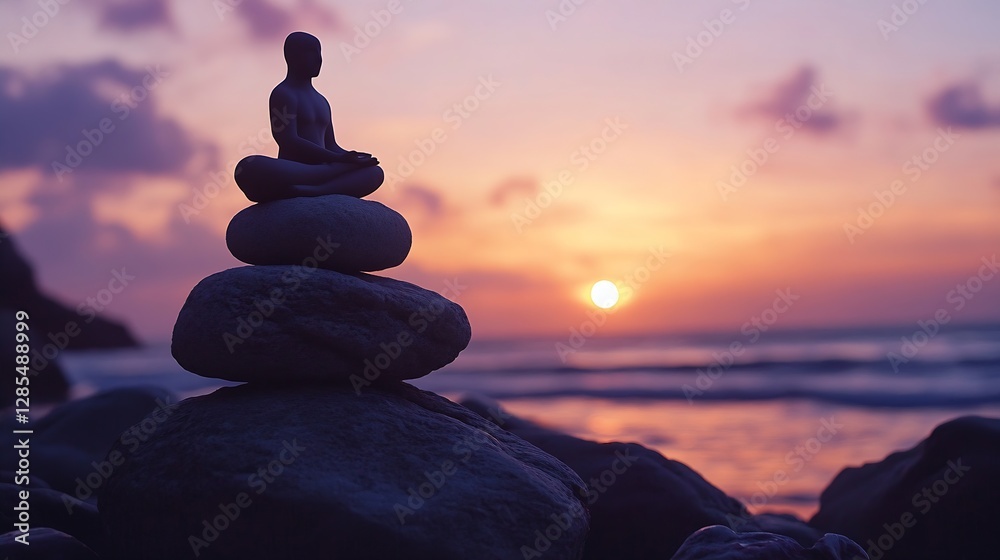 Poster meditation statue on stacked stones with beach and sunset view : generative ai