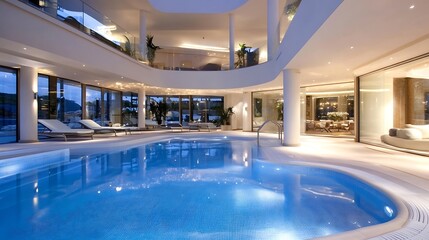 Luxurious Indoor Swimming Pool Surrounded by Modern Architecture : Generative AI