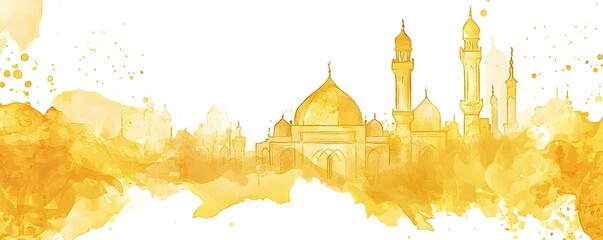 Golden watercolor illustration of a mosque and minarets