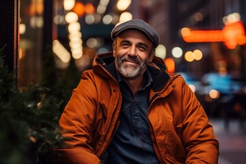 Obraz premium Portrait of a handsome mature man in an orange jacket and a gray cap with a beard on a city street.