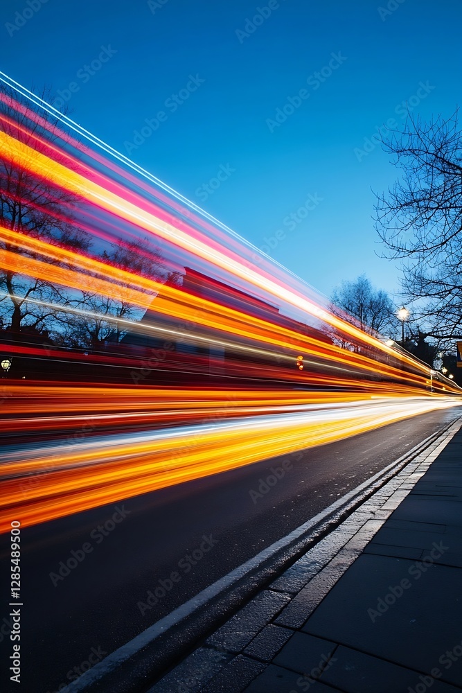 Poster dynamic light trails captured on urban road at twilight time : generative ai