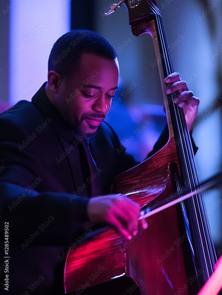 Poster Talented Musician Playing Double Bass in an Elegant Performance Atmosphere with Colorful Stage Lighting : Generative AI