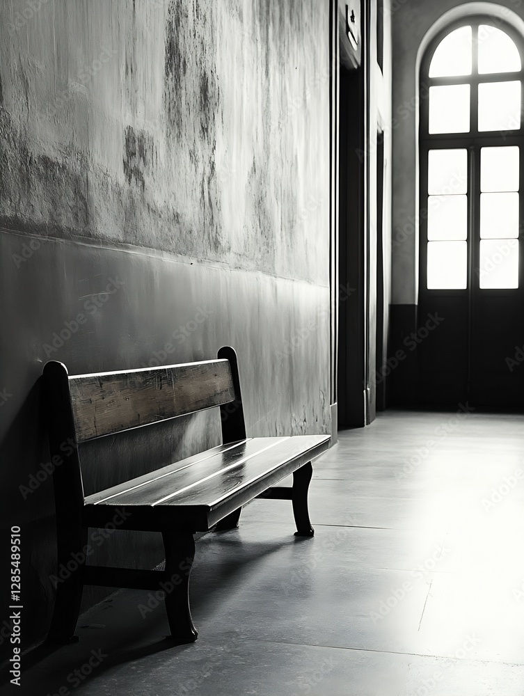 Aufkleber Empty Wooden Bench in a Long Hallway with Natural Light Streaming Through Windows Creating a Minimalist Atmosphere : Generative AI