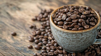Fototapeta premium Coffee beans spilling out of a rustic ceramic cup on a wooden table background : Generative AI