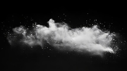 Gentle white powder blast, soft particles expanding slowly in a dark black minimalist space