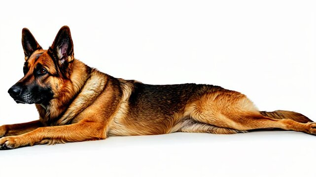 German shepherd lying down on a white surface in a studio setting showcasing its elegant posture and fur pattern