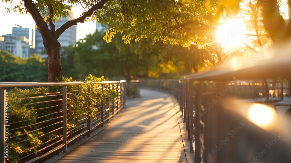 Poster golden sunlight streaming through trees illuminating a serene walkway in an urban park : generative 