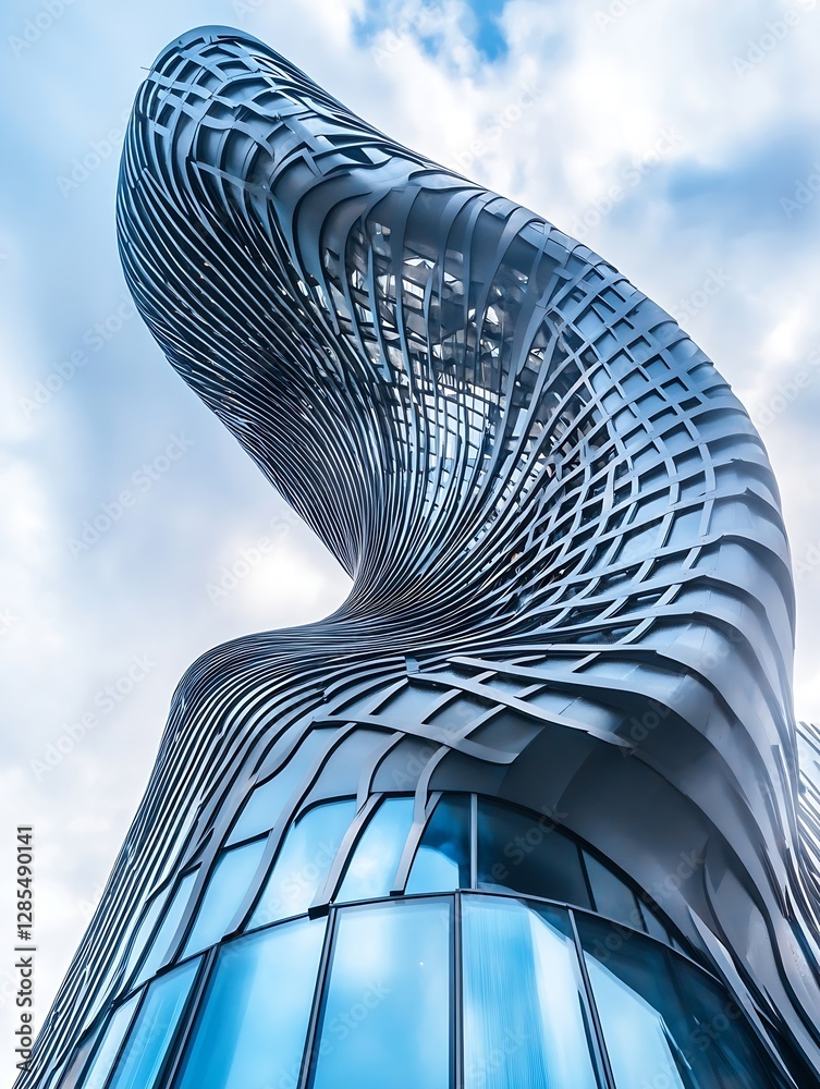 Poster modern architectural design featuring a stunning twisted skyscraper against a cloudy sky : generativ
