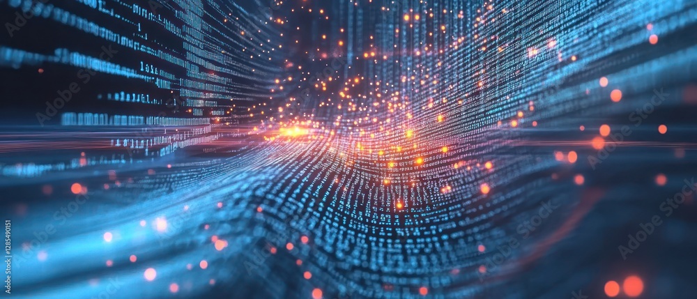 Poster abstract visualization of digital data flow with glowing particles, representing technology and inno