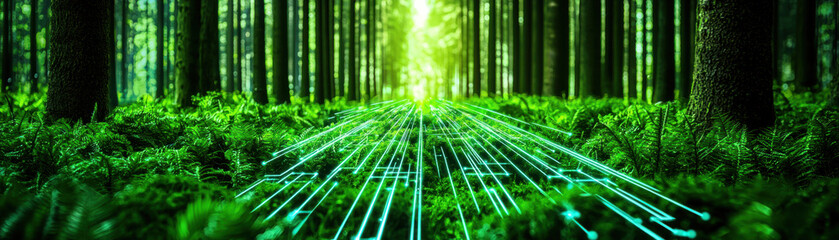 Digital green energy digital transformation. Digital forest pathway with glowing lines and lush greenery.