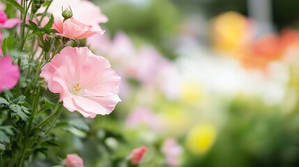 Obraz premium Delicate pink flowers blooming in a vibrant garden softly blurred in springtime : Generative AI