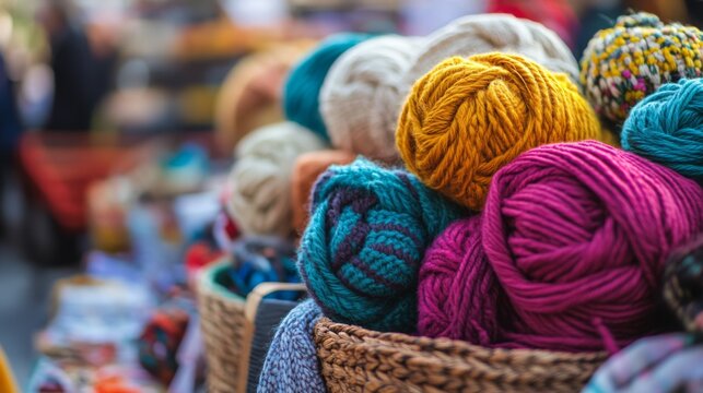 Colorful yarn balls in wicker basket at market