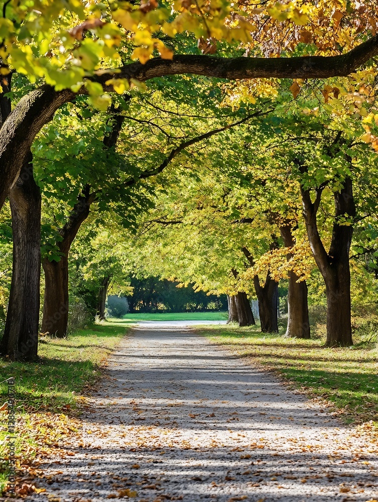 Aufkleber beautiful tree-lined pathway in autumn with colorful foliage : generative ai