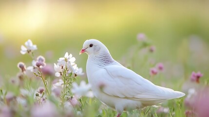 Obraz premium Elegant White Dove Surrounded by Beautiful Pink Flowers in a Gentle Nature Scene : Generative AI
