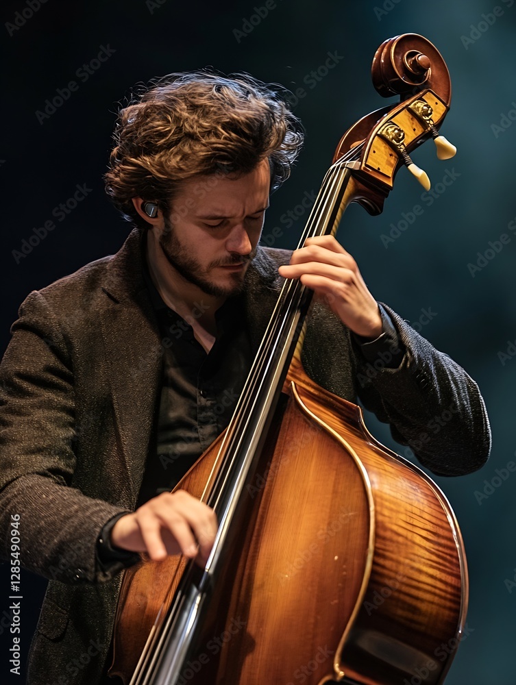 Poster passionate musician playing double bass at live performance in a concert setting : generative ai