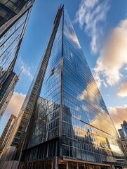 Modern skyscraper reflecting clouds and city buildings in urban architecture : Generative AI