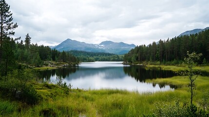 Fototapeta premium Serene Landscape of Still Lake Surrounded by Majestic Mountains and Lush Forest : Generative AI