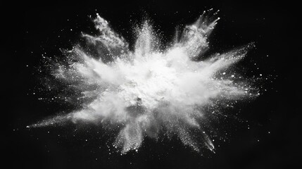 Powerful white powder blast, radiating fine particles outward, stark against a black background 
