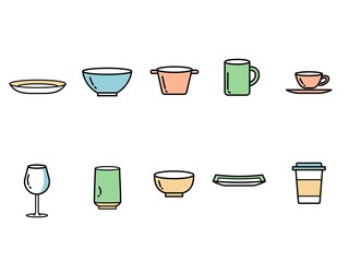 シンプルな食器セットの線画カラーイラスト